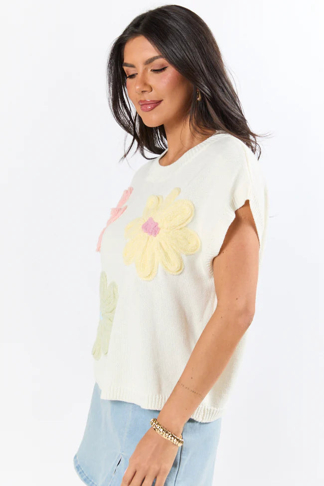 Blooming Joy Ivory Multi Flower Embroidered Short Sleeve Sweater