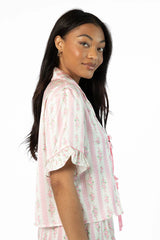 Hitting Snooze Pink Floral Striped Short Sleeve Pajama Top