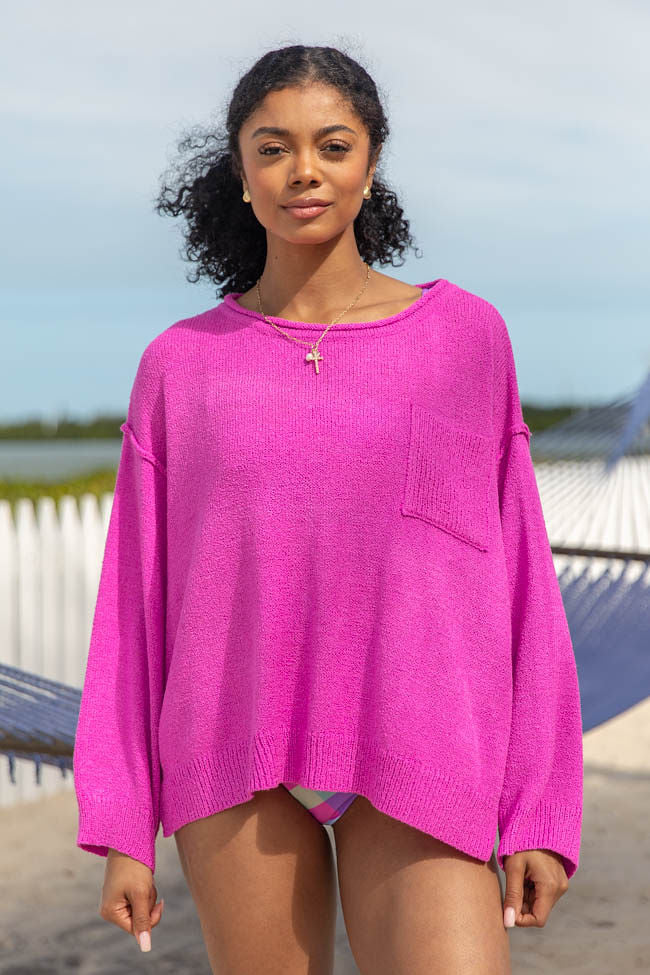 Tell Me Everything Magenta Oversized Pocketed Light Weight Sweater