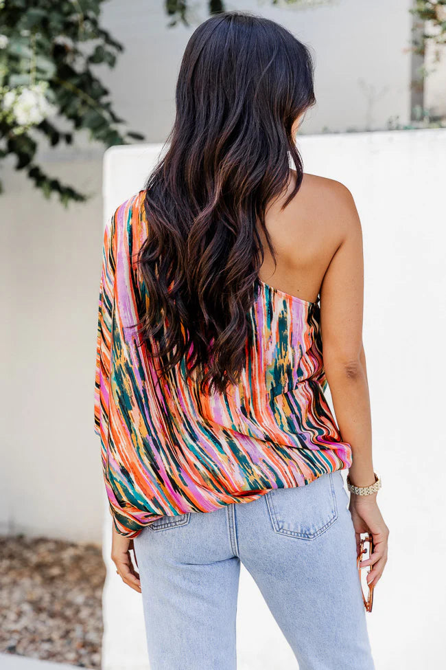 All Dressed Up Multi Printed Satin One Shoulder Blouse FINAL SALE