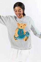 Vintage Green and Black Cheer Teddy Bear Light Grey Oversized Graphic Sweatshirt