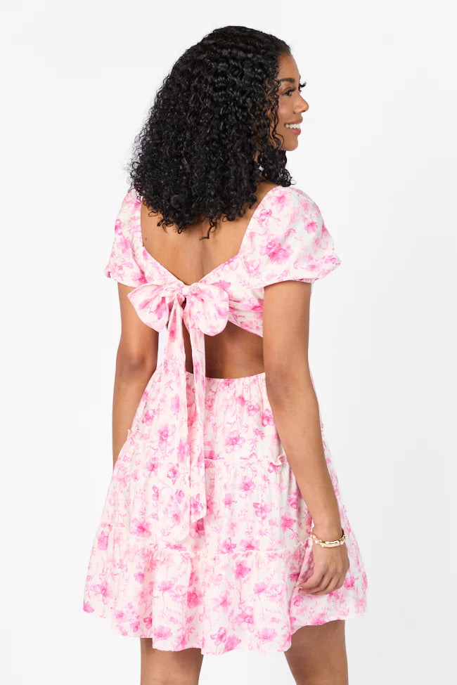 Calling Perfection Pink Floral Dress With Back Bow Detail