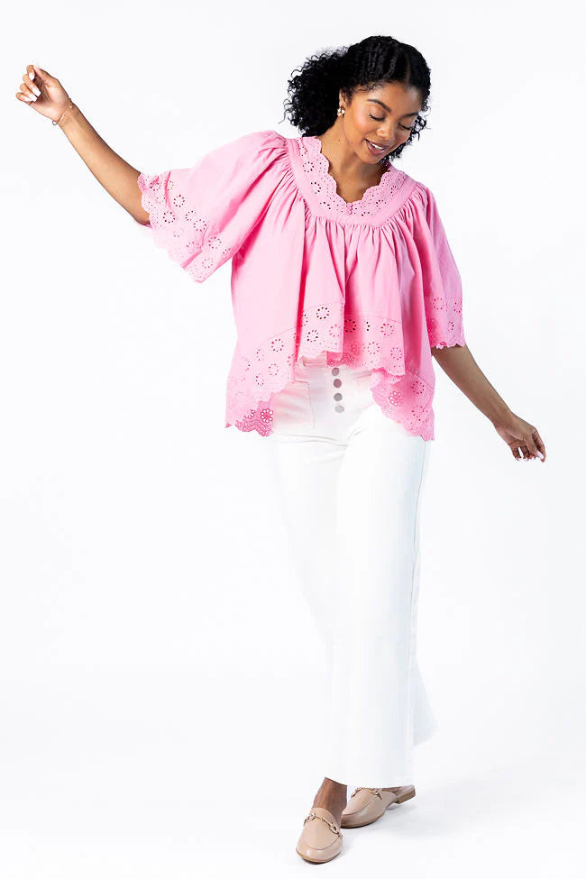 No Regrets Pink Eyelet Detail Popover Short Sleeve Blouse