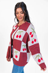 Cherry Much In Love Brick and White Multi Checkered Cardigan