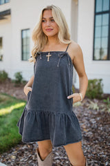 A World Like That Washed Black Tie Strap Denim Dress FINAL SALE