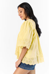 No Regrets Yellow Eyelet Detail Popover Short Sleeve Blouse