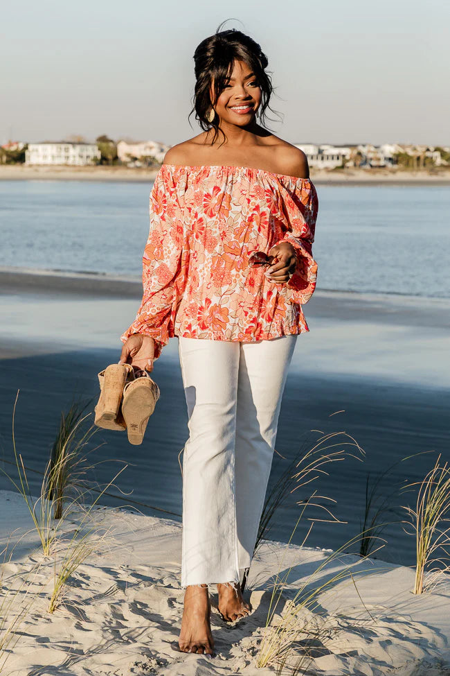 Going Public Off The Shoulder Blouse in Sarasota Red Floral Print FINAL SALE