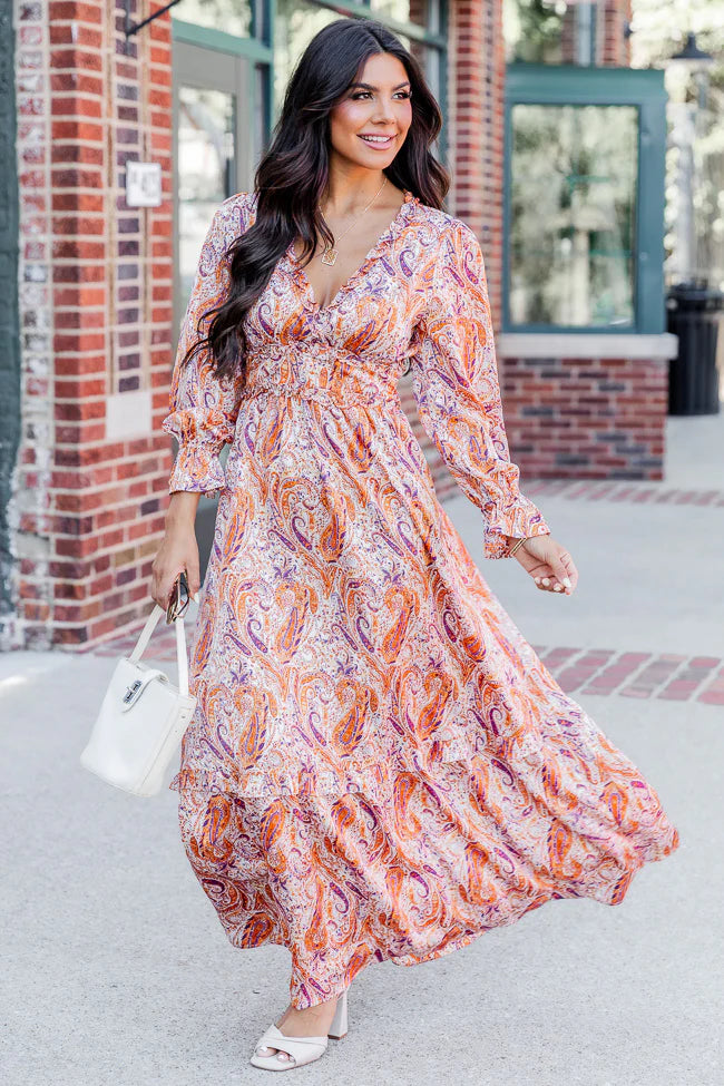 It's All A Dream Rust Multi Paisley Satin Ruffle Trim Maxi Dress FINAL SALE