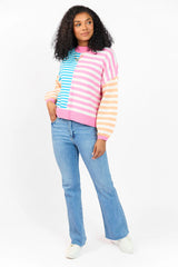 Delightful Days Blue, Pink, and Orange Multi Color Block Striped Sweater