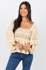 Darling Days Ivory and Pink Floral Embroidered Gauze Top