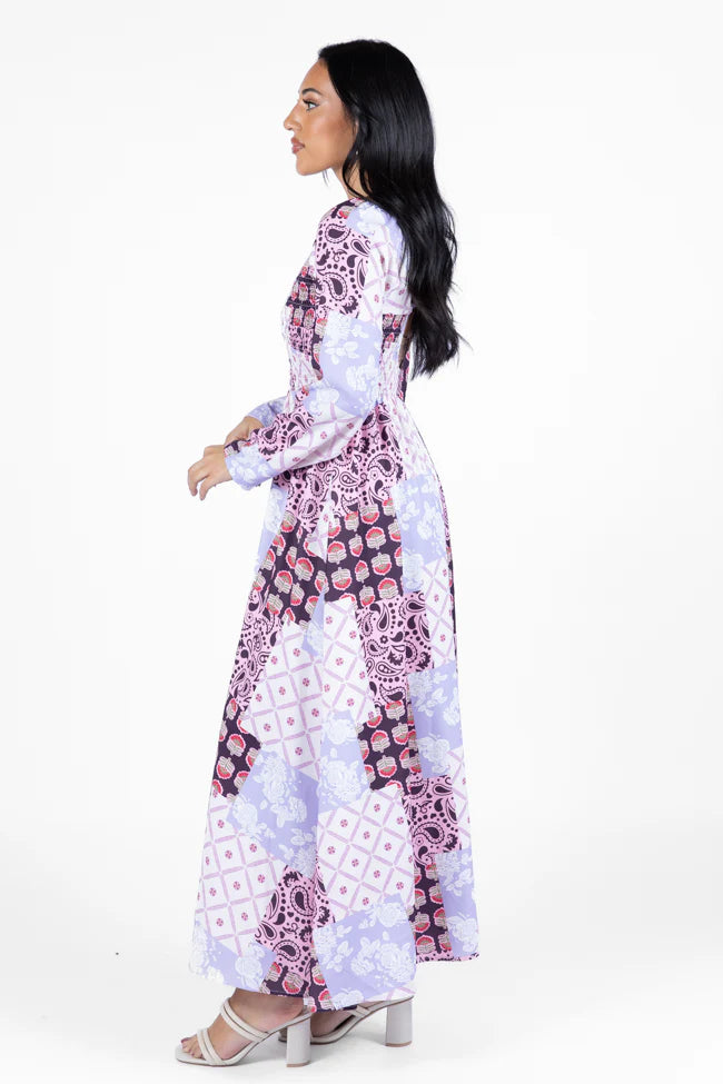 Falling Petals Purple Patchwork Printed Maxi Dress