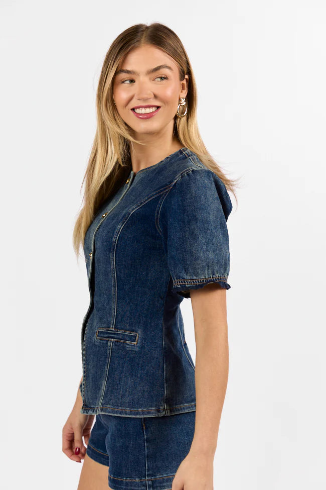 Come As You Are Dark Wash Puff Sleeve Denim Button Down Blouse