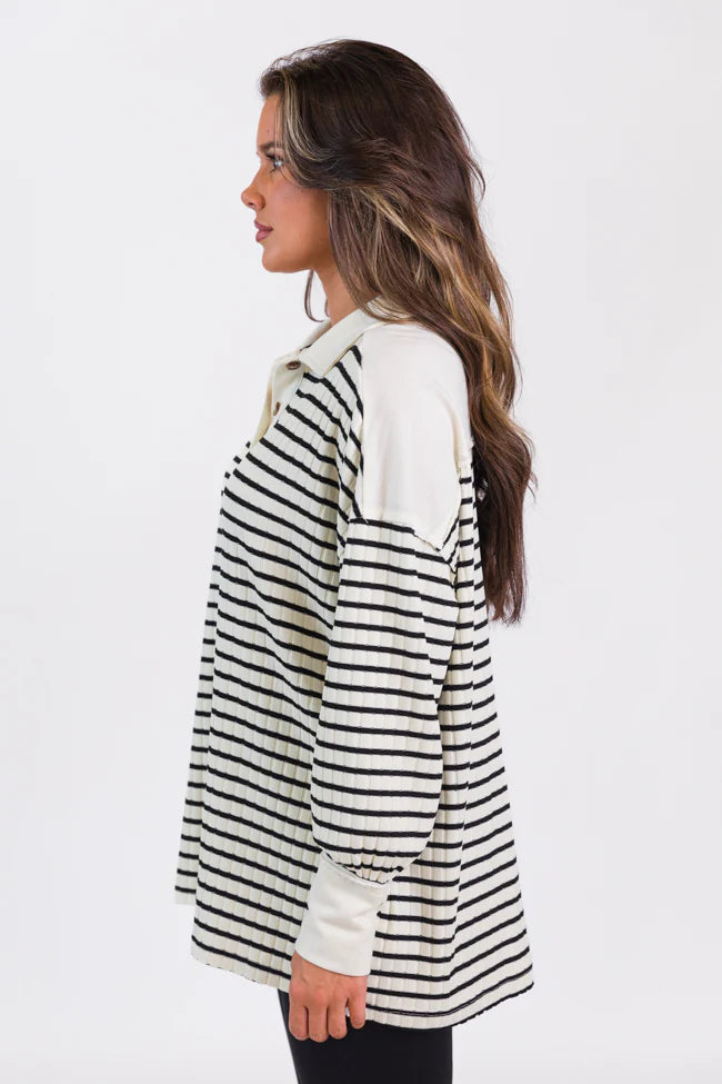 This Is The Life Black Striped Collared Henley Oversized Knit Top