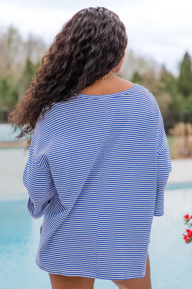 The Way To Go Navy Striped 3/4 Sleeve Ribbed T-Shirt SALE