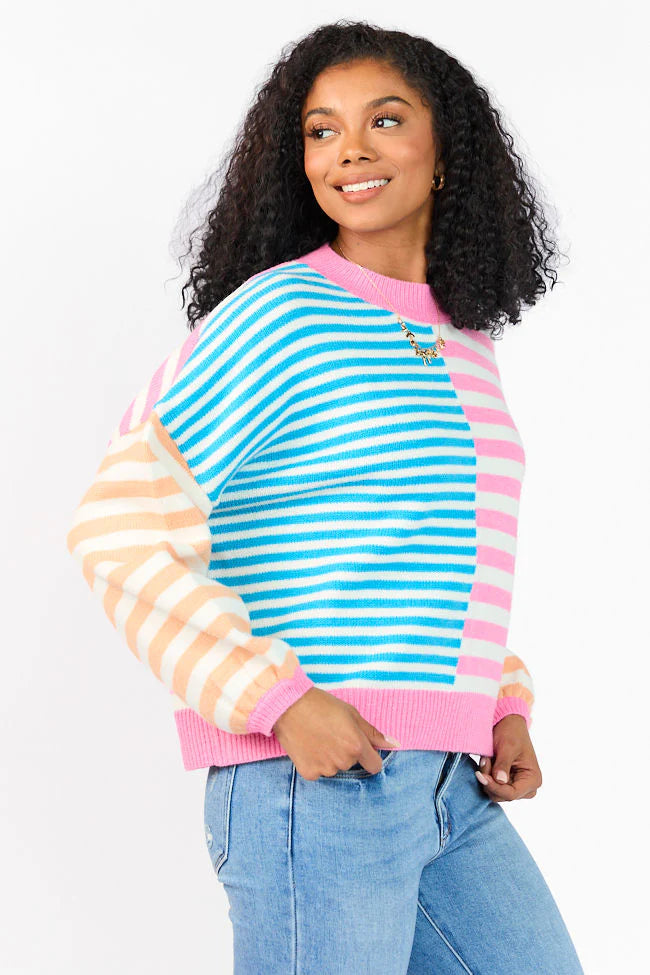 Delightful Days Blue, Pink, and Orange Multi Color Block Striped Sweater