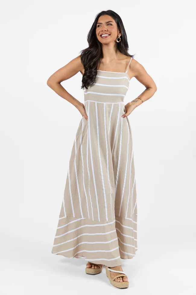 Come Sail Away Neutral Striped Midi Dress