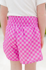 Kid's Errands To Run Pink Checkered High Waisted Athletic Shorts SALE