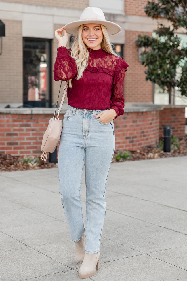 Be The Moment Burgundy Mock Neck Lace Blouse FINAL SALE