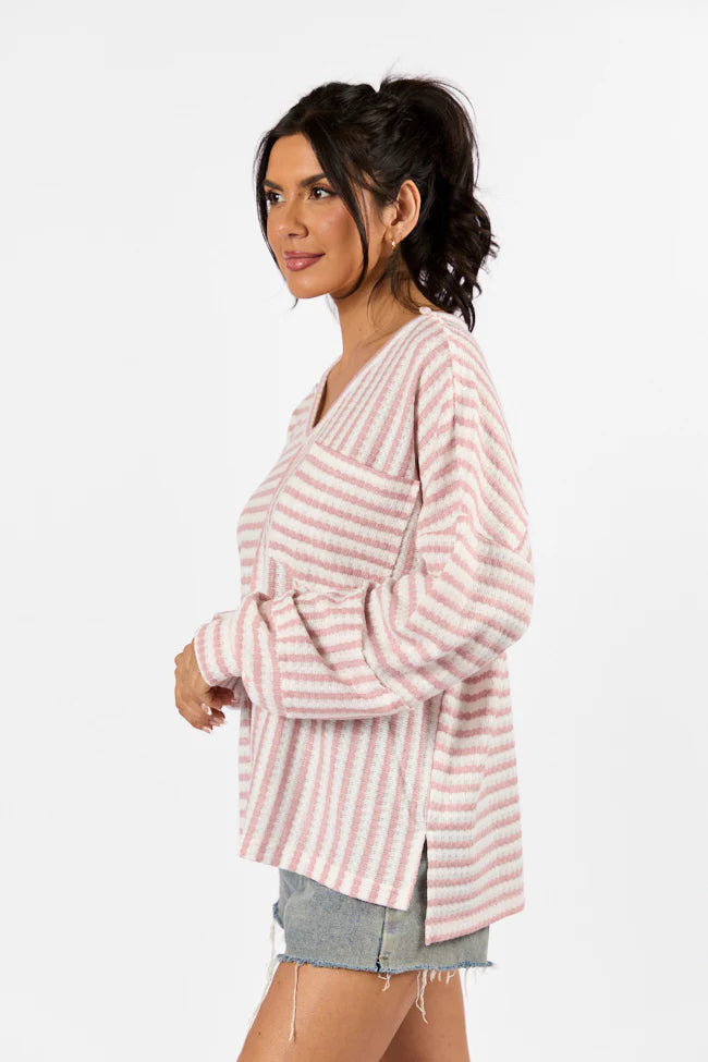 All For Sun Pink and Ivory Striped Knit V-Neck Long Sleeve Tee