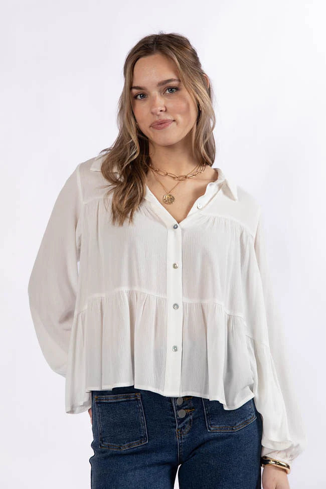 Something Good Ivory Tiered Relaxed Button Down Blouse