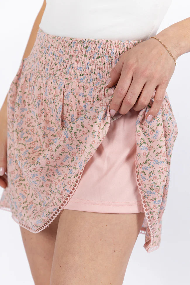 Through The Garden Pink Multi Floral Eyelet Trim Mini Skort