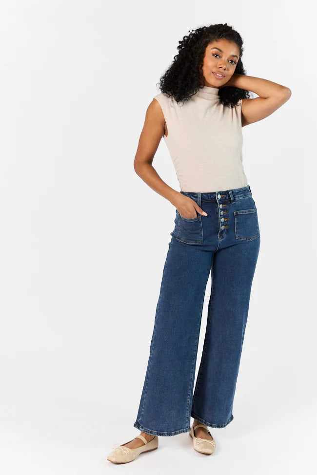 Sutton Dark Wash Wide Leg Patch Pocket Jeans