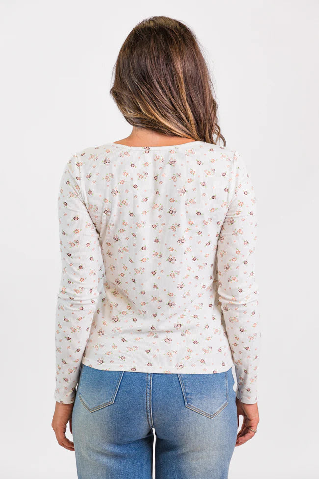 Best In Bloom Ivory Ribbed Floral Henley Top SALE