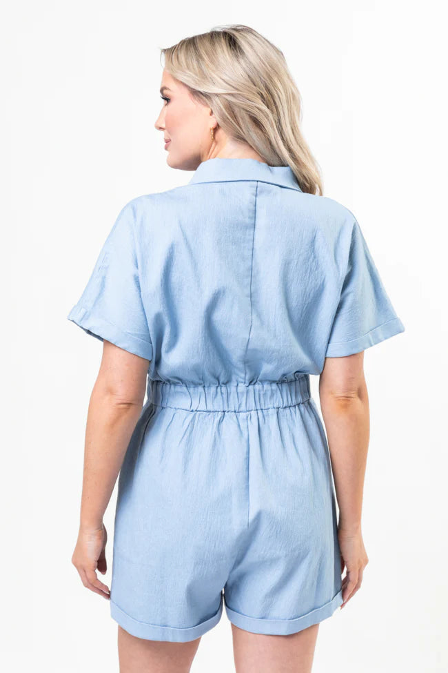 Walk With Me Blue Solid Chambray Romper