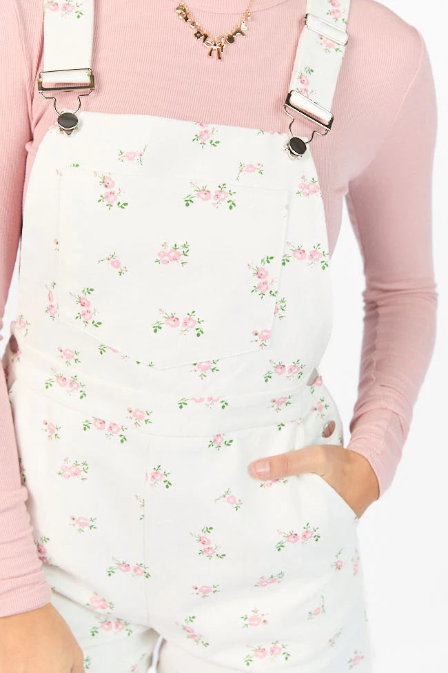 Garden Girl Ivory and Pink Multi Floral Printed Denim Overalls