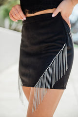 Choose Wisely Black Rhinestone Fringe Detail Suede Skirt FINAL SALE