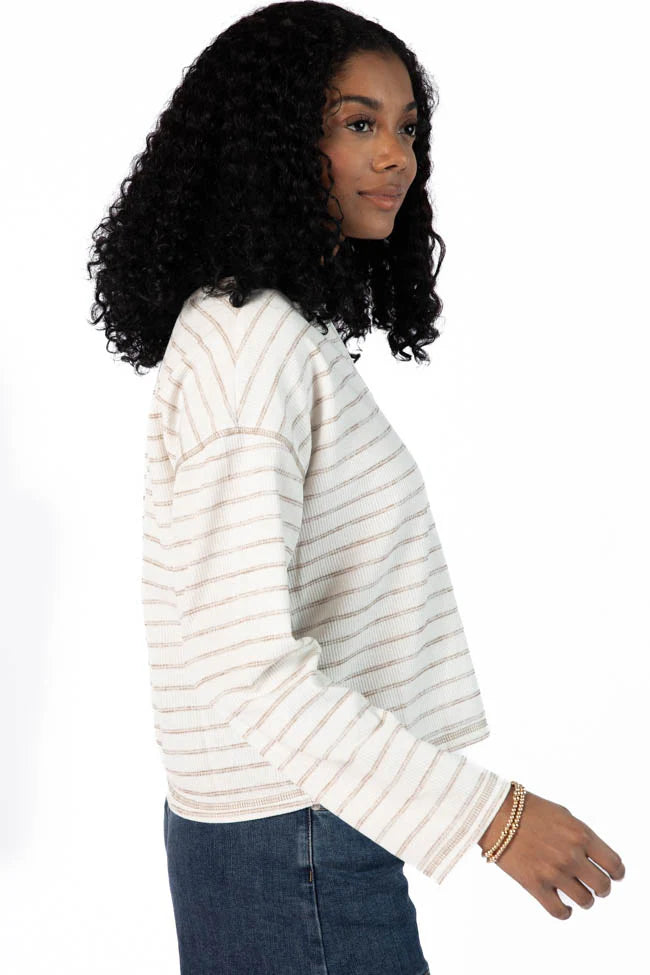 Many Beginnings Cream and Beige Striped Notched Neck Tee