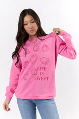 Life Is Sweet Strawberries Pink Oversized Graphic Sweatshirt