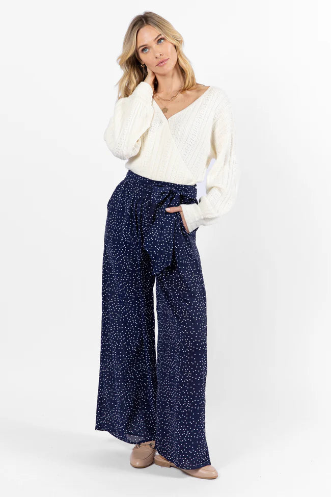 Over The Blues Navy Polka Dot Belted Wide Leg Pants