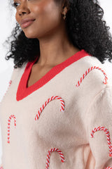 Candy Craze Pink and Red Candy Cane Patch V-Neck Sweater Macy Blackwell X Pink Lily FINAL SALE