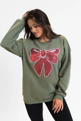 Bow Sequins Patch Olive Oversized Graphic Sweatshirt FINAL SALE