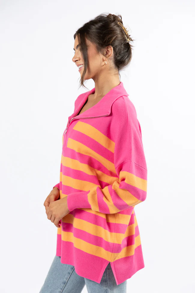 Pulling Heartstrings Pink And Orange Striped Quarter Zip Pullover SALE