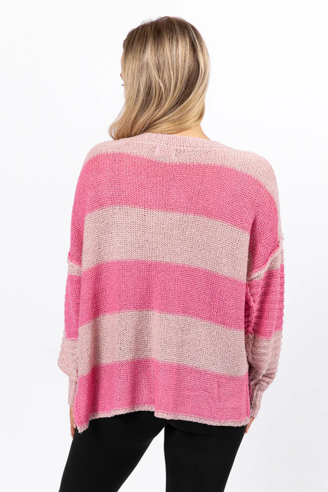 Know You Best Pink Oversized Striped Henley Sweater