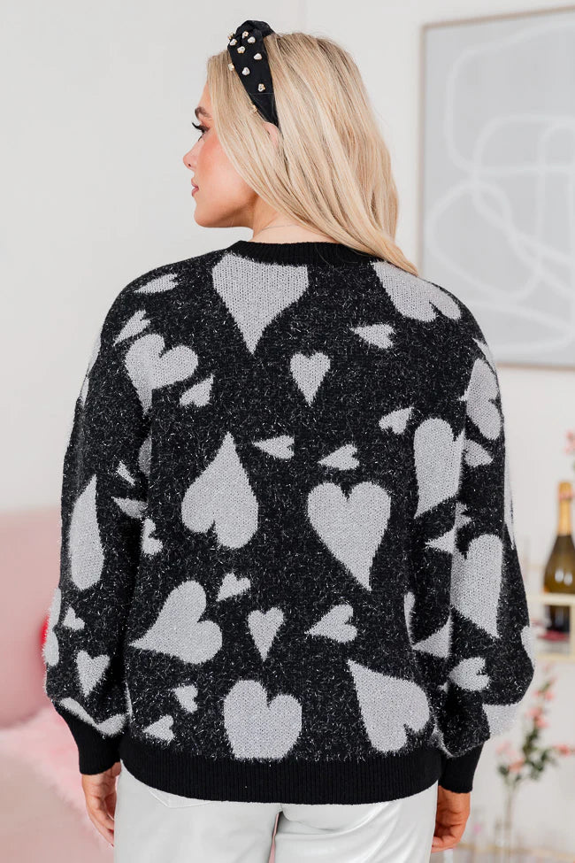 Always Be Mine Black And Silver Shimmer Heart Sweater FINAL SALE