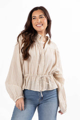 My Hands Are Tied Taupe Striped Drawstring Button Down Blouse