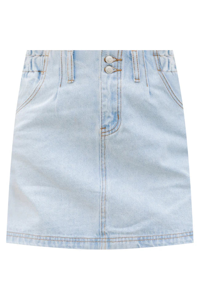 I've Been Thinking Light Wash Denim Paper Bag Waist Mini Skirt SALE