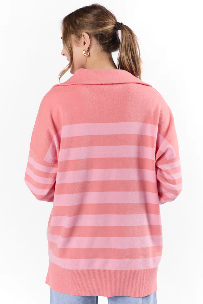 Pulling Heartstrings Coral Multi Stripe Quarter Zip Pullover