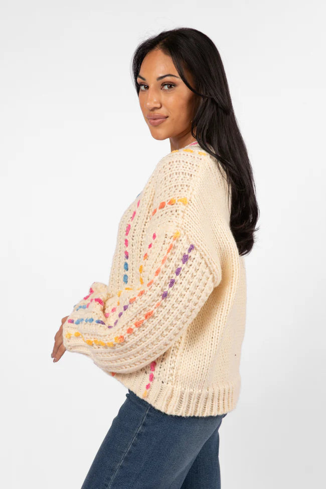 Day We Met Cream Multi Color Stitched Detail V-Neck Sweater SALE