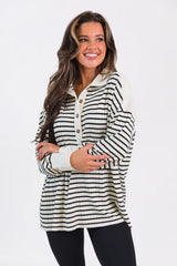 This Is The Life Black Striped Collared Henley Oversized Knit Top