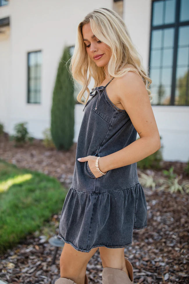 A World Like That Washed Black Tie Strap Denim Dress FINAL SALE