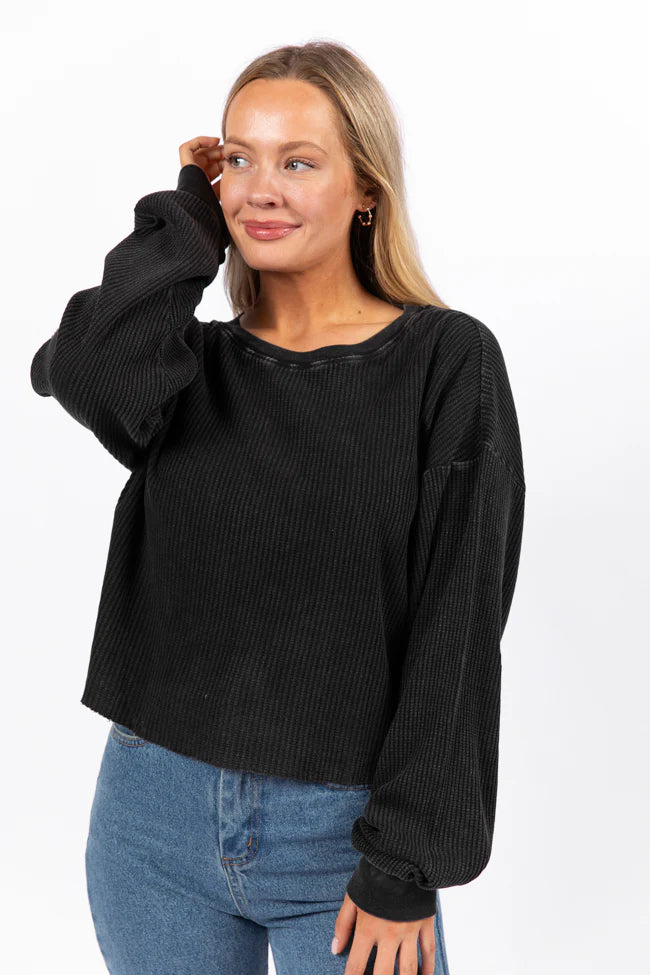 Fun and Games Black Acid Washed Waffle Long Sleeve Tee