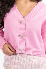 Means To Me Pink Bow Embellished Button Cardigan