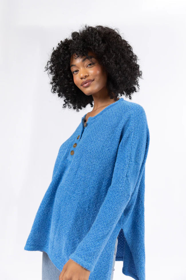 Thinking Of You Blue Fuzzy Henley Blouse SALE