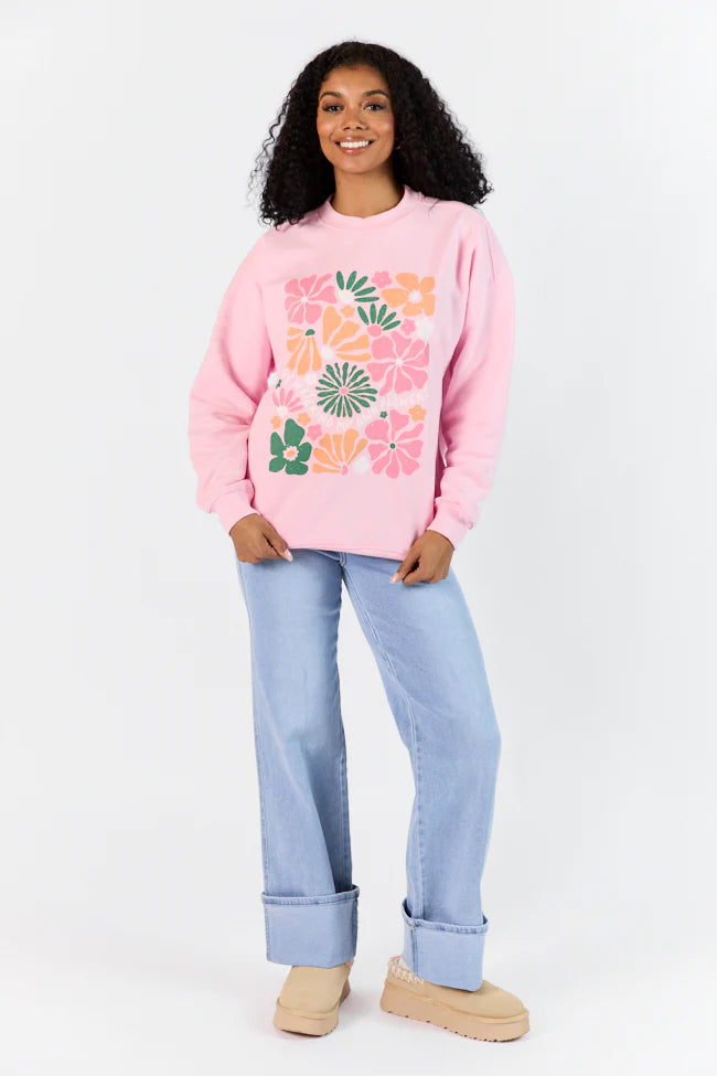 Busy Watering My Flowers Light Pink Oversized Graphic Sweatshirt