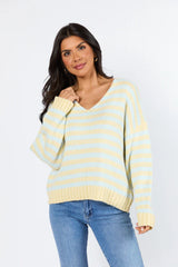 Wait A Minute Yellow and Blue Multi Striped V-Neck Sweater