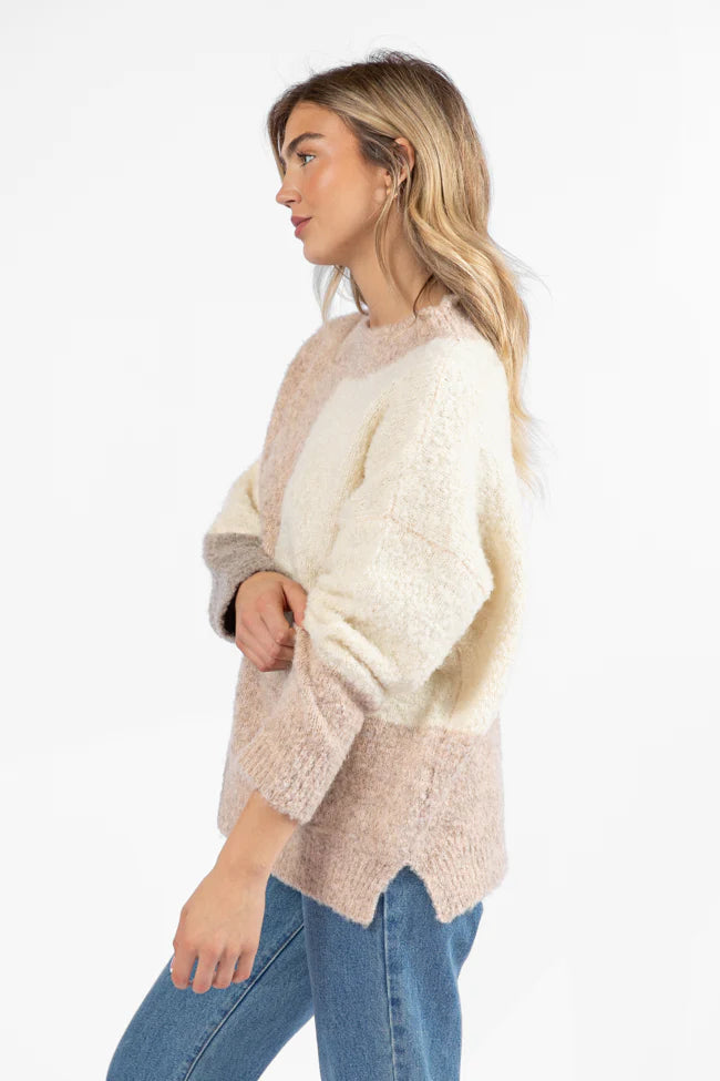 All On You Beige Multi Fuzzy Colorblock Mock Neck Sweater